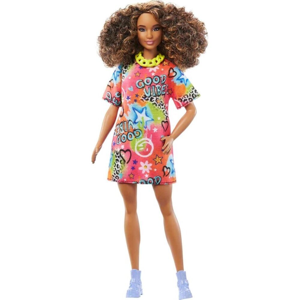 🆕 Barbie Fashionistas Doll Athletic Body Curly Brunette Hair Styles Print Dress